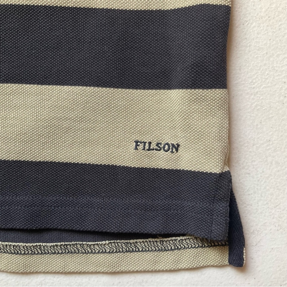 Filson Men’s Striped Polo Shirt Kakai & Faded Blue - Picture 10 of 14